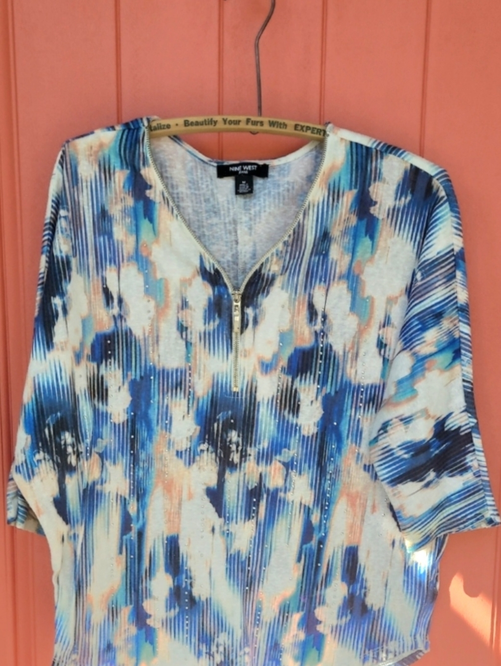 Nine West Blue, Peach & Cream Zip-Front Women's Top